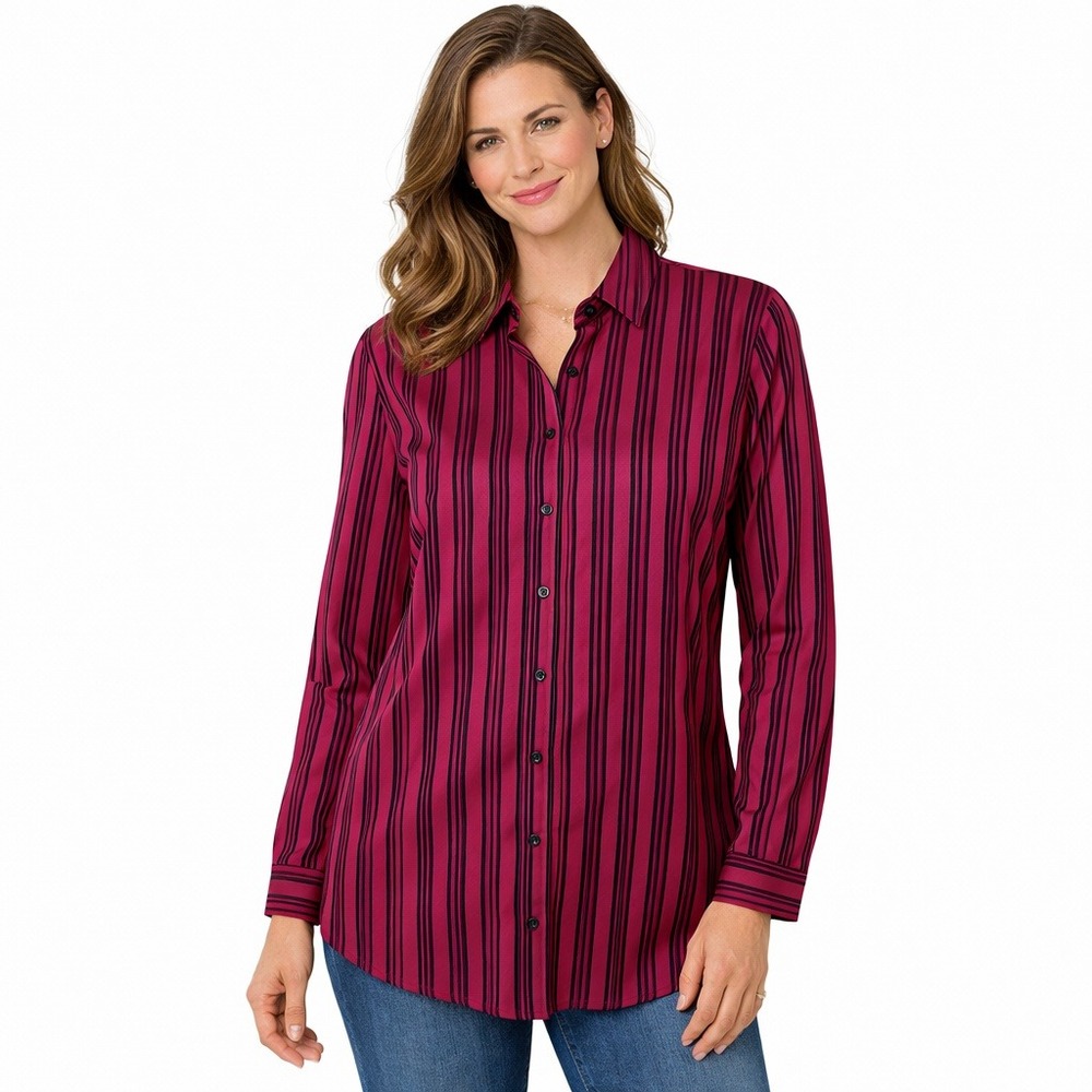 Chico's Button Down Shirt Womens 0 Burgundy Black Striped Long Sleeve Top
